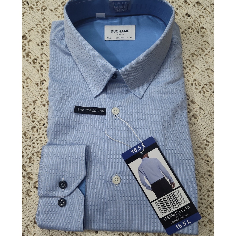 Duchamp Slim Fit Blue Geometric Stretch Cotton Dress Shirt 16.5 Large NWT